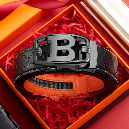 Business Style Letter Automatic Buckle Men's Belt, Embossed Wear-Resistant Waist Strap, Gift Box Versatile Formal Trouser Belt