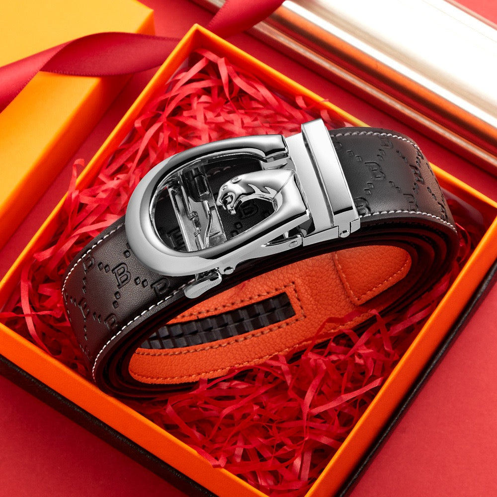 Business Style Letter Automatic Buckle Men's Belt, Embossed Wear-Resistant Waist Strap, Gift Box Versatile Formal Trouser Belt