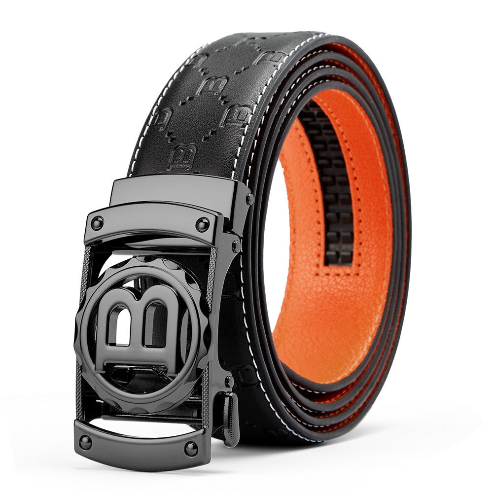 Business Style Letter Automatic Buckle Men's Belt, Embossed Wear-Resistant Waist Strap, Gift Box Versatile Formal Trouser Belt