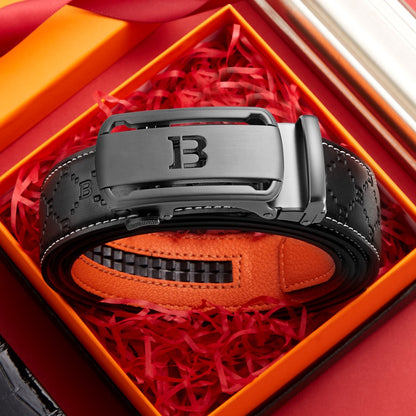 Business Style Letter Automatic Buckle Men's Belt, Embossed Wear-Resistant Waist Strap, Gift Box Versatile Formal Trouser Belt