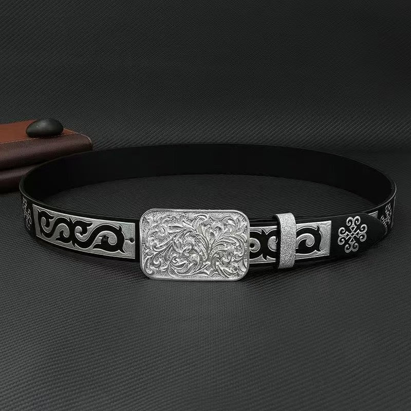 Western-Style Engraved Pin Buckle Men's Belt, Retro Ethnic Embossed Waist Strap, Niche Versatile Trouser Belt