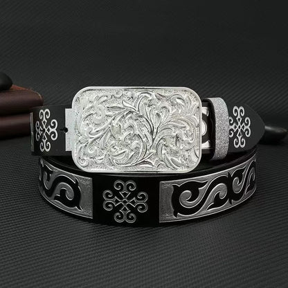 Western-Style Engraved Pin Buckle Men's Belt, Retro Ethnic Embossed Waist Strap, Niche Versatile Trouser Belt