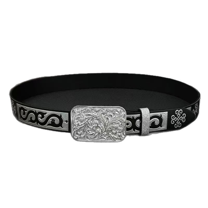 Western-Style Engraved Pin Buckle Men's Belt, Retro Ethnic Embossed Waist Strap, Niche Versatile Trouser Belt
