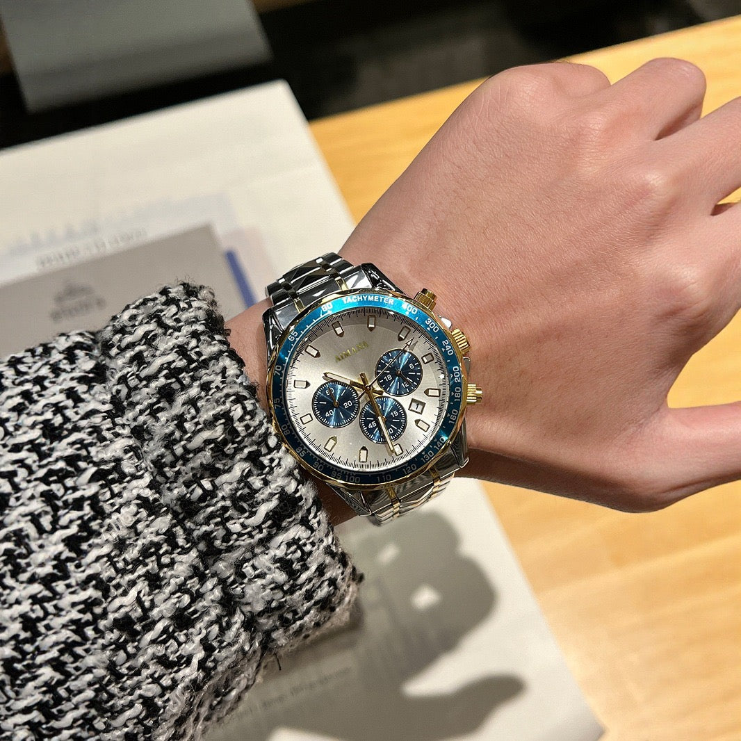 Sporty Three-Eye Chronograph Men's Watch, Steel Band Waterproof Quartz Wristwatch, Business Casual Versatile Multi-Color Option Watch
