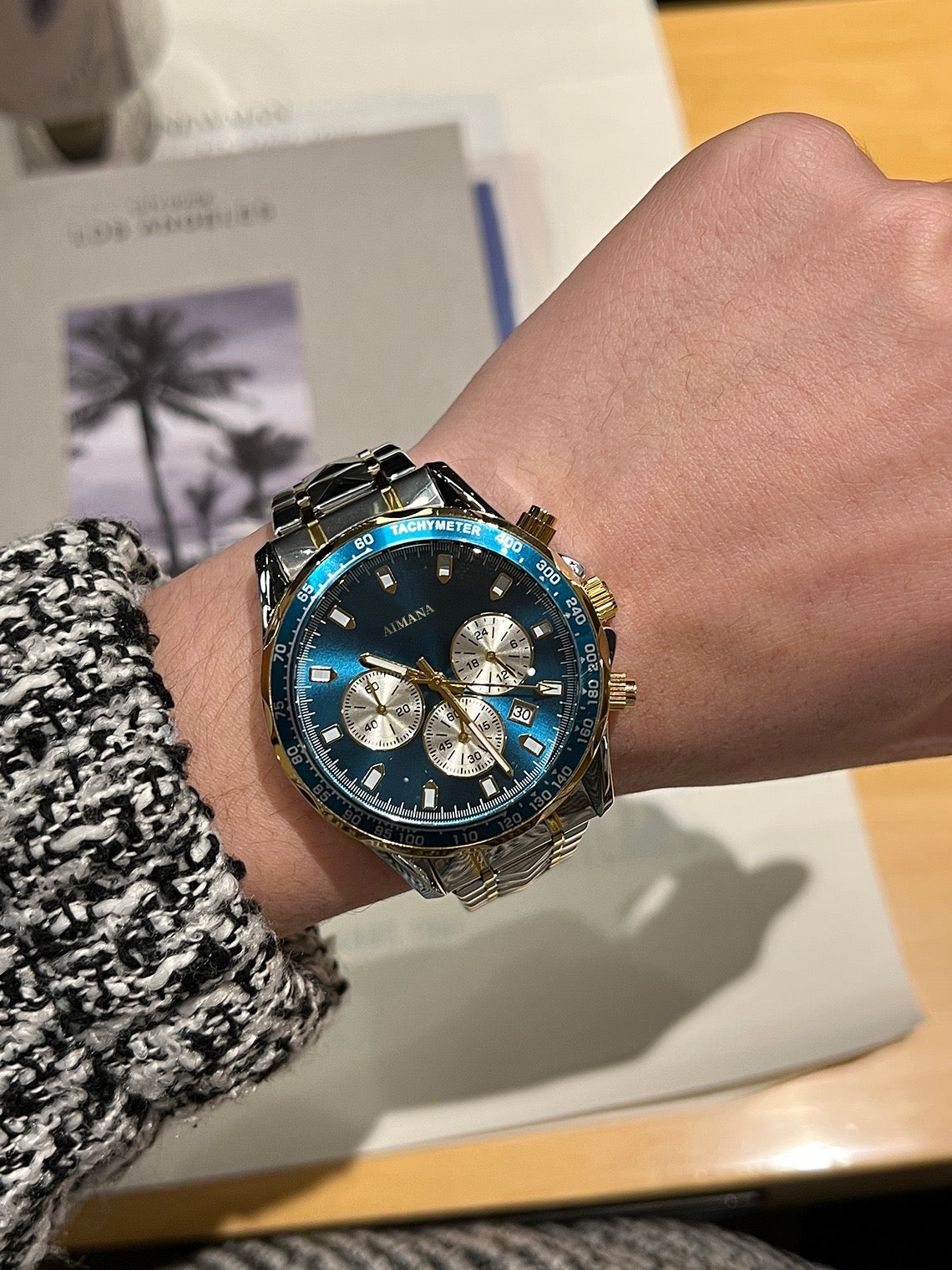 Sporty Three-Eye Chronograph Men's Watch, Steel Band Waterproof Quartz Wristwatch, Business Casual Versatile Multi-Color Option Watch