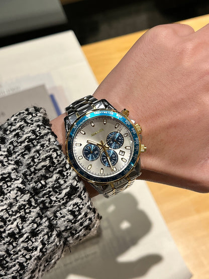 Sporty Three-Eye Chronograph Men's Watch, Steel Band Waterproof Quartz Wristwatch, Business Casual Versatile Multi-Color Option Watch