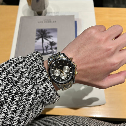 Sporty Three-Eye Chronograph Men's Watch, Steel Band Waterproof Quartz Wristwatch, Business Casual Versatile Multi-Color Option Watch
