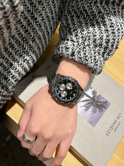 Sporty Three-Eye Chronograph Men's Watch, Steel Band Waterproof Quartz Wristwatch, Business Casual Versatile Multi-Color Option Watch