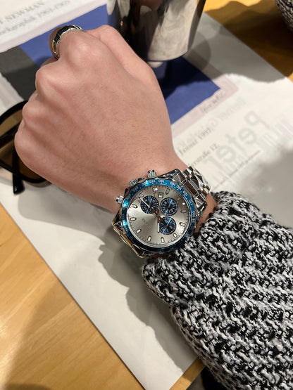 Sporty Three-Eye Chronograph Men's Watch, Steel Band Waterproof Quartz Wristwatch, Business Casual Versatile Multi-Color Option Watch