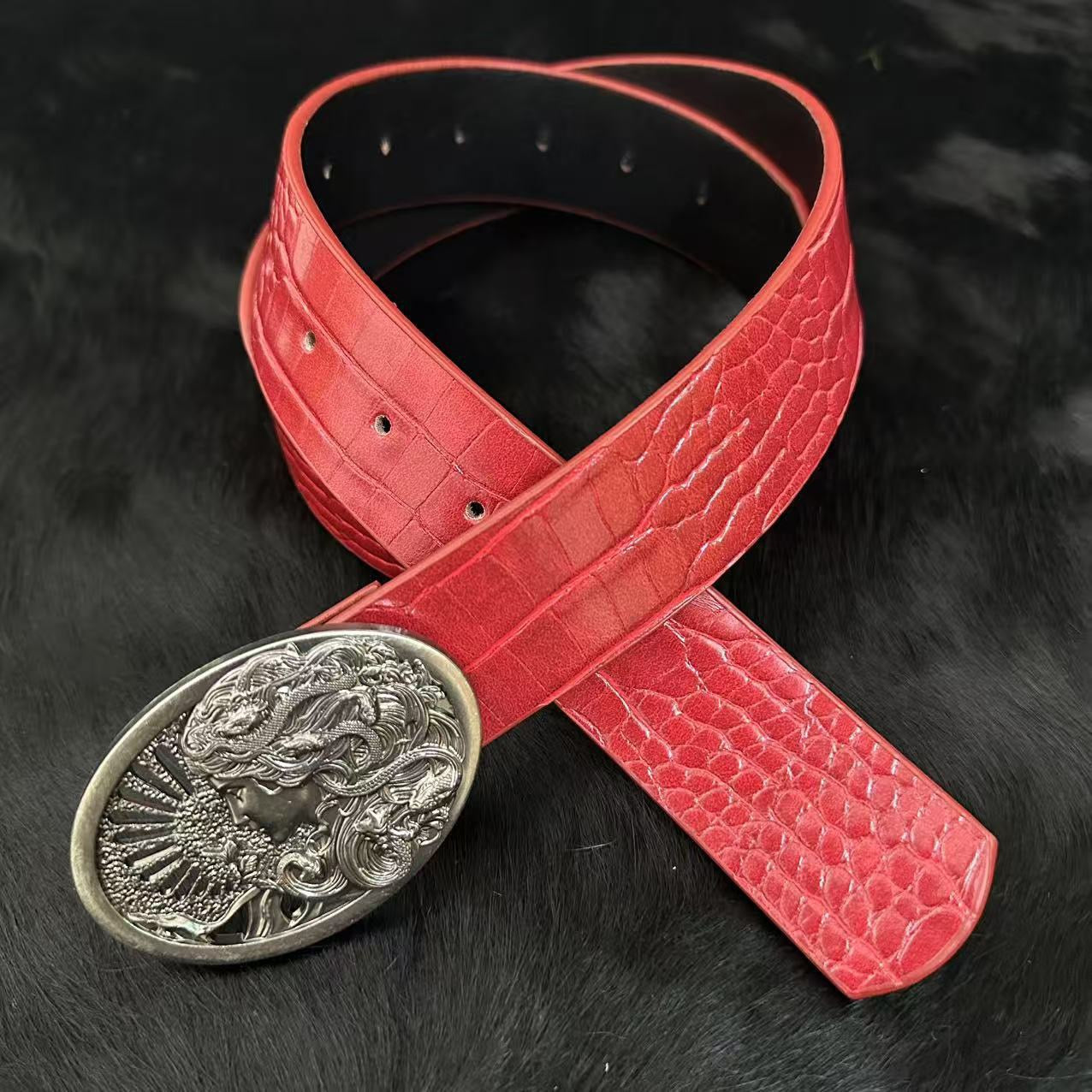Retro Embossed Medusa Snake Goddess Belt Buckle Croc-Embossed Belt, Unique Punk-Style Unisex Trouser Belt