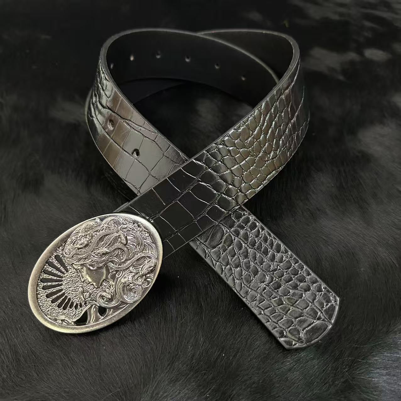 Retro Embossed Medusa Snake Goddess Belt Buckle Croc-Embossed Belt, Unique Punk-Style Unisex Trouser Belt