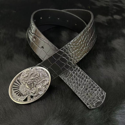 Retro Embossed Medusa Snake Goddess Belt Buckle Croc-Embossed Belt, Unique Punk-Style Unisex Trouser Belt