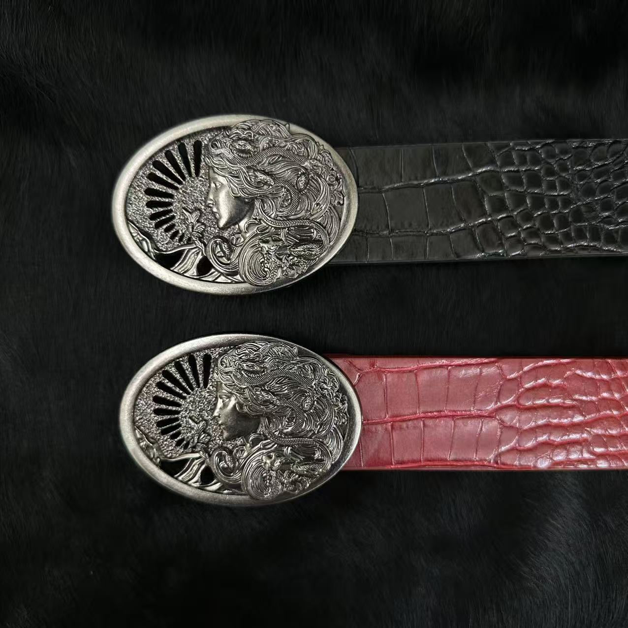 Retro Embossed Medusa Snake Goddess Belt Buckle Croc-Embossed Belt, Unique Punk-Style Unisex Trouser Belt