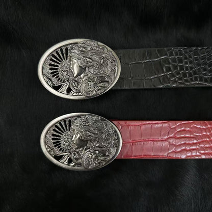 Retro Embossed Medusa Snake Goddess Belt Buckle Croc-Embossed Belt, Unique Punk-Style Unisex Trouser Belt