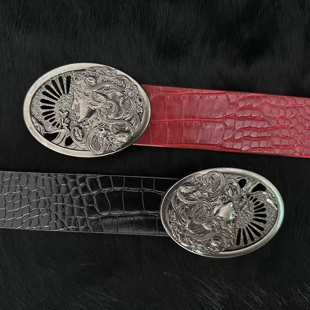 Retro Embossed Medusa Snake Goddess Belt Buckle Croc-Embossed Belt, Unique Punk-Style Unisex Trouser Belt