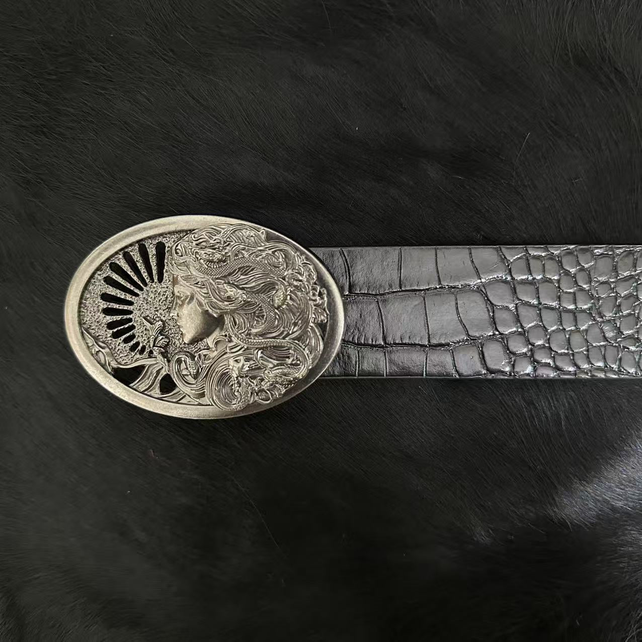 Retro Embossed Medusa Snake Goddess Belt Buckle Croc-Embossed Belt, Unique Punk-Style Unisex Trouser Belt