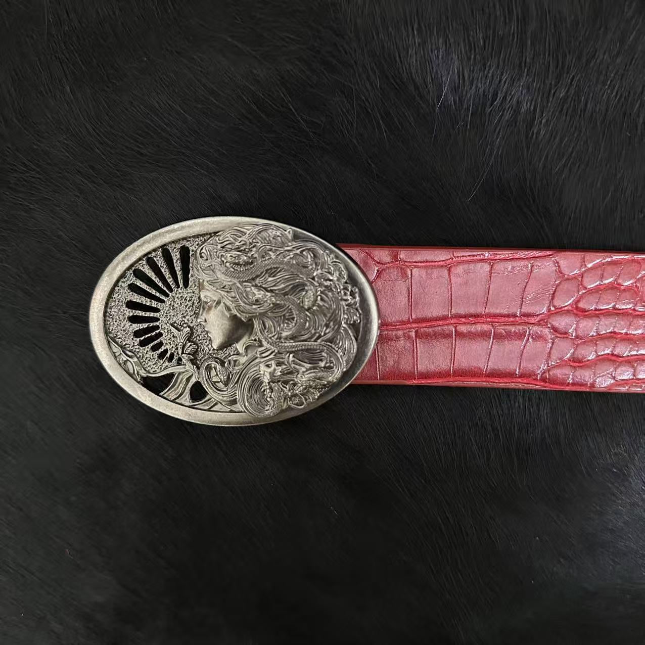 Retro Embossed Medusa Snake Goddess Belt Buckle Croc-Embossed Belt, Unique Punk-Style Unisex Trouser Belt