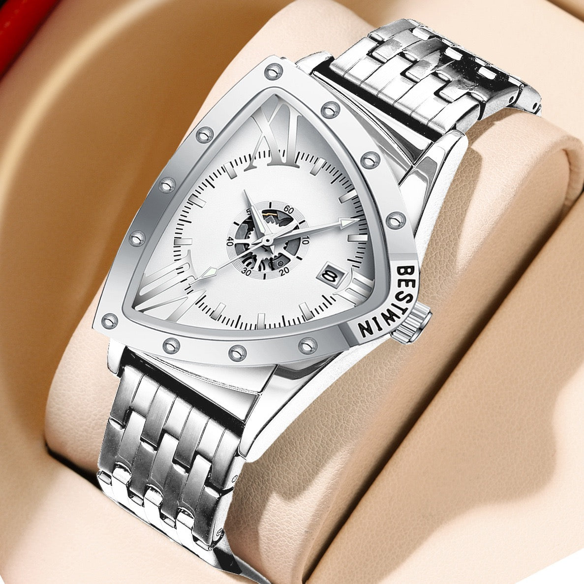 Edgy Triangular Skeleton Steel Band Men's Watch, Punk-Style Quartz Wristwatch, Unique Design Waterproof Timepiece