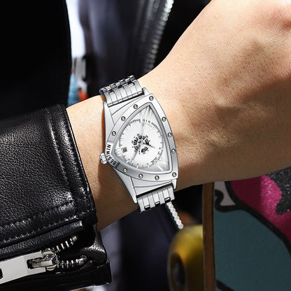 Edgy Triangular Skeleton Steel Band Men's Watch, Punk-Style Quartz Wristwatch, Unique Design Waterproof Timepiece