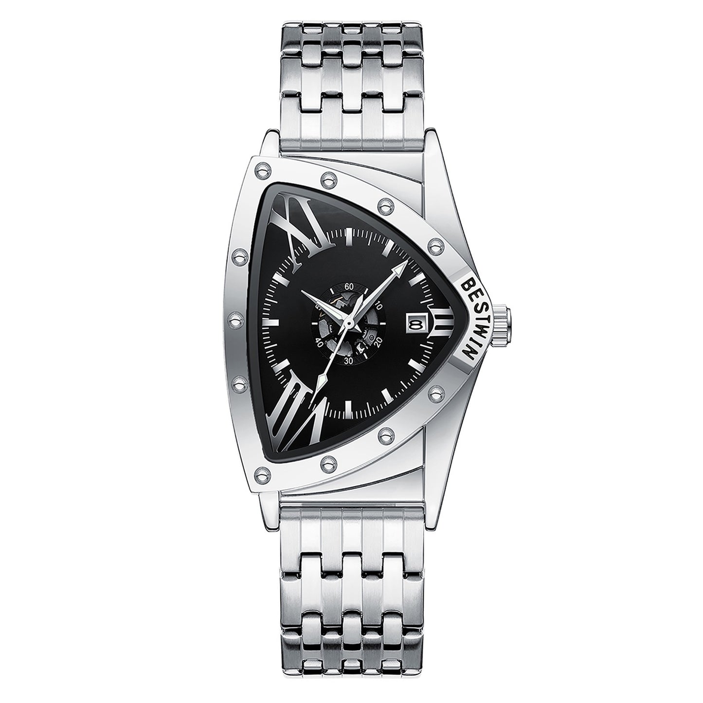 Edgy Triangular Skeleton Steel Band Men's Watch, Punk-Style Quartz Wristwatch, Unique Design Waterproof Timepiece