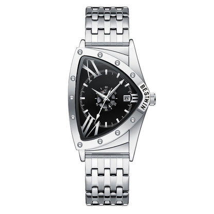 Edgy Triangular Skeleton Steel Band Men's Watch, Punk-Style Quartz Wristwatch, Unique Design Waterproof Timepiece