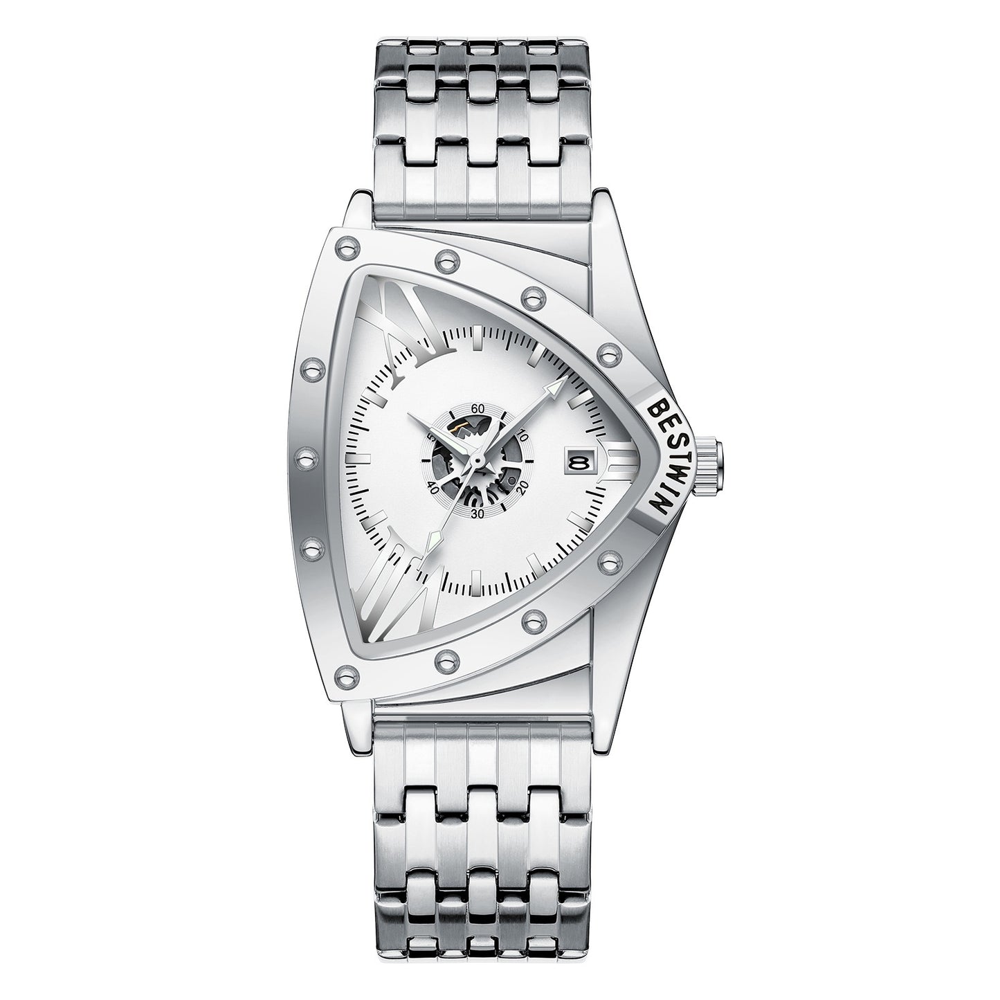 Edgy Triangular Skeleton Steel Band Men's Watch, Punk-Style Quartz Wristwatch, Unique Design Waterproof Timepiece