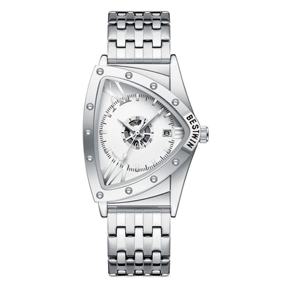 Edgy Triangular Skeleton Steel Band Men's Watch, Punk-Style Quartz Wristwatch, Unique Design Waterproof Timepiece