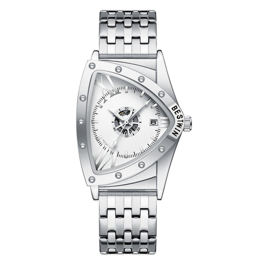 【#A34】Edgy Triangular Skeleton Steel Band Men's Watch, Punk-Style Quartz Wristwatch, Unique Design Waterproof Timepiece