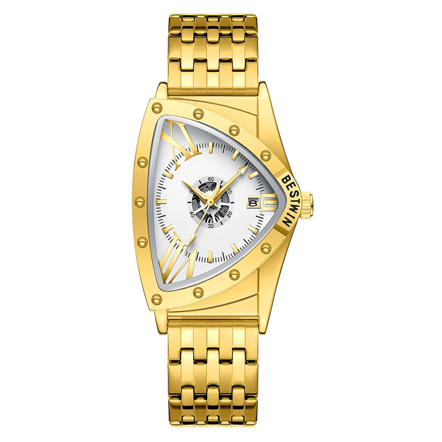 Edgy Triangular Skeleton Steel Band Men's Watch, Punk-Style Quartz Wristwatch, Unique Design Waterproof Timepiece