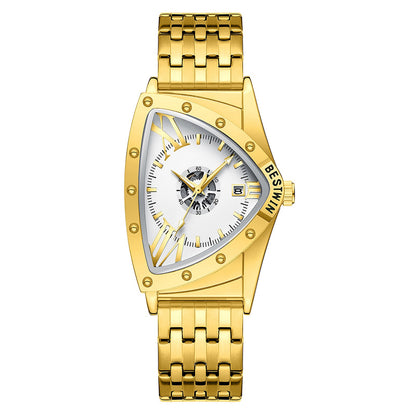 Edgy Triangular Skeleton Steel Band Men's Watch, Punk-Style Quartz Wristwatch, Unique Design Waterproof Timepiece