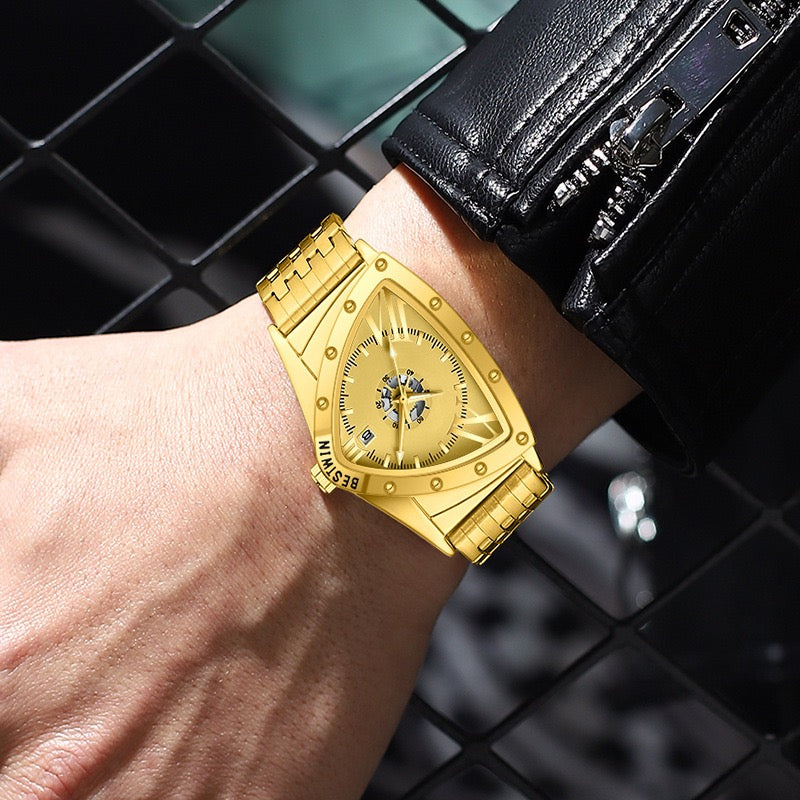 Edgy Triangular Skeleton Steel Band Men's Watch, Punk-Style Quartz Wristwatch, Unique Design Waterproof Timepiece