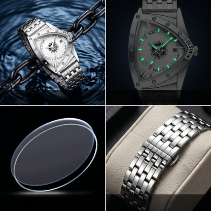 Edgy Triangular Skeleton Steel Band Men's Watch, Punk-Style Quartz Wristwatch, Unique Design Waterproof Timepiece