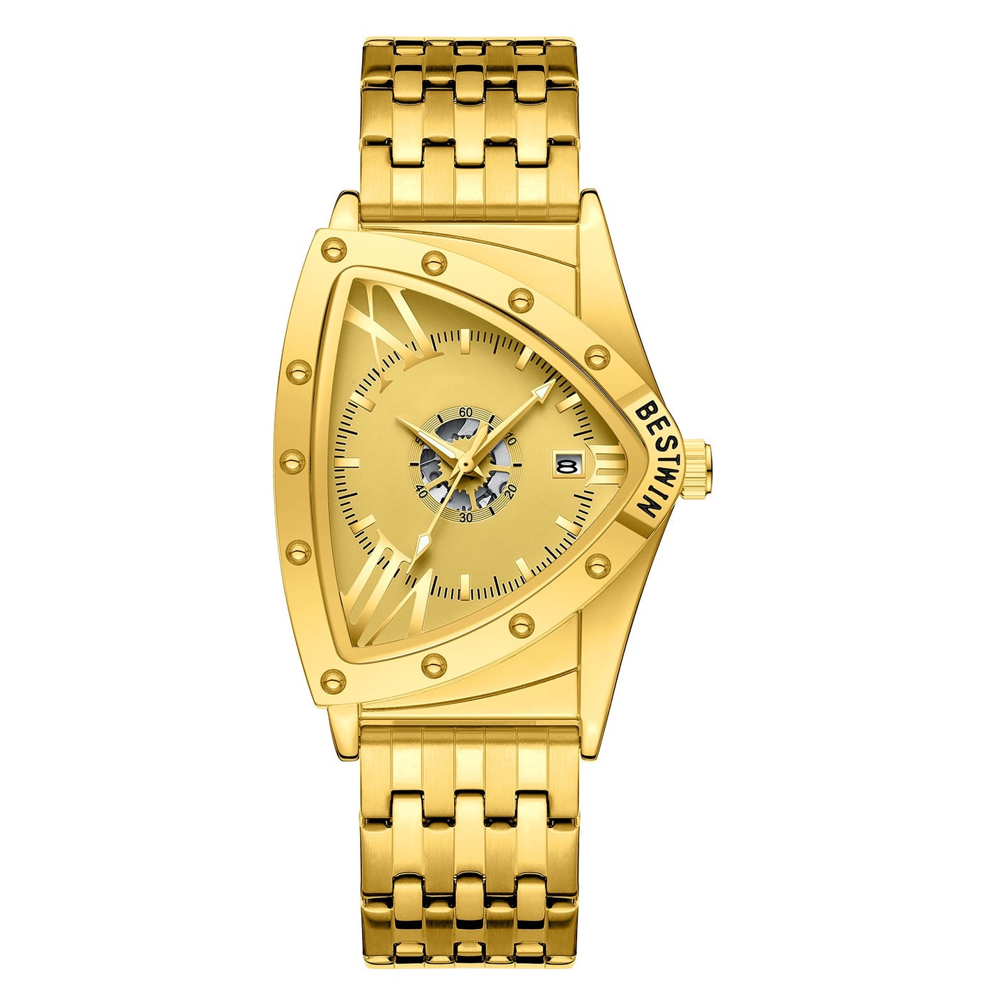Edgy Triangular Skeleton Steel Band Men's Watch, Punk-Style Quartz Wristwatch, Unique Design Waterproof Timepiece