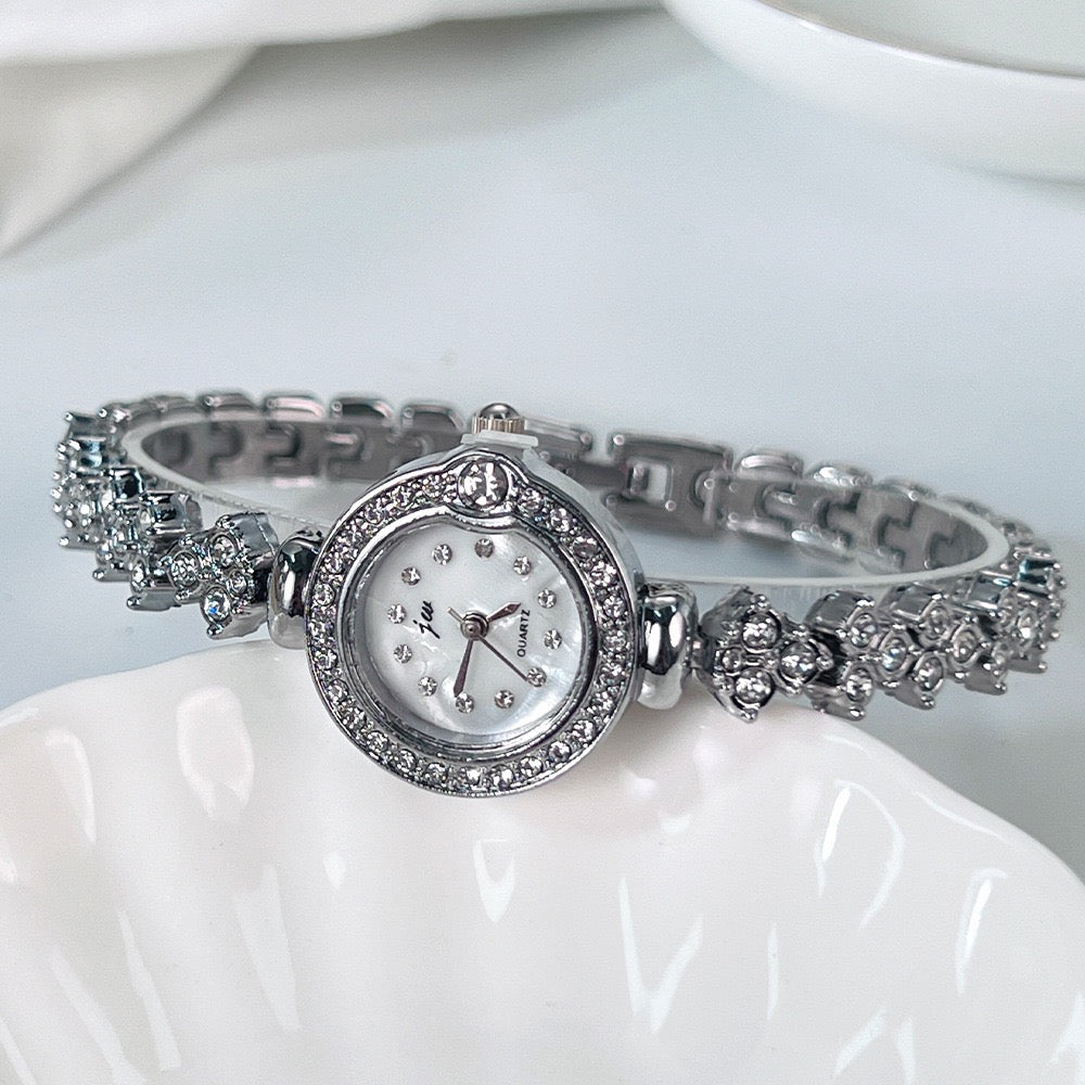Gentle Full Diamond Bracelet Watch, Delicate Crystal-Encrusted Quartz Wristwatch for Work