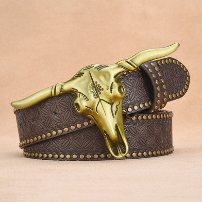Western-Style Bull Skull Engraved Riveted Men's Belt, Vintage Embossed Pattern Trouser Belt, Unique Design Waist Strap