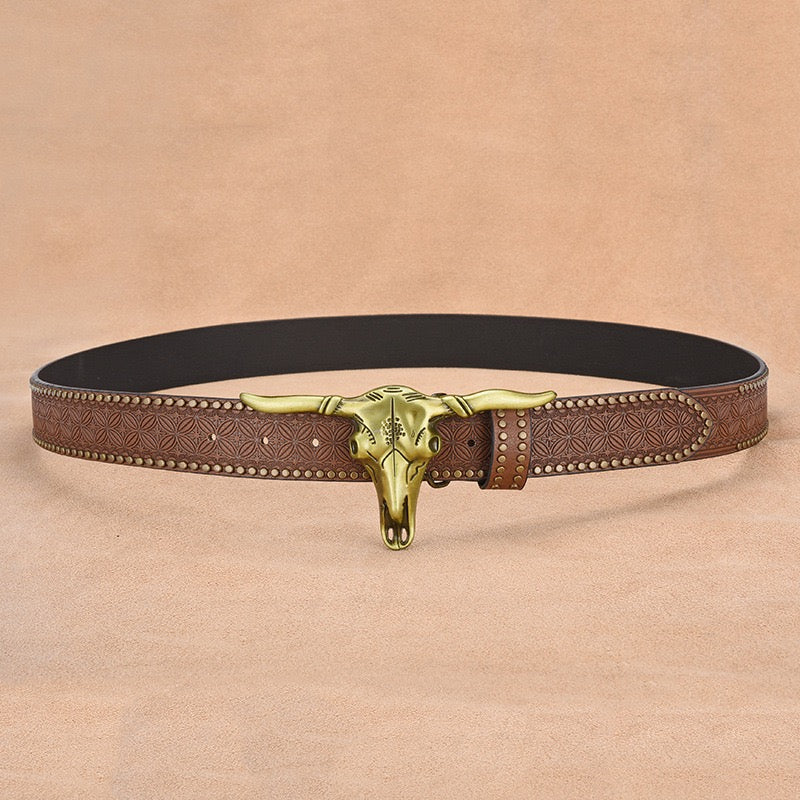 Western-Style Bull Skull Engraved Riveted Men's Belt, Vintage Embossed Pattern Trouser Belt, Unique Design Waist Strap
