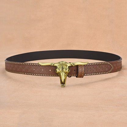 Western-Style Bull Skull Engraved Riveted Men's Belt, Vintage Embossed Pattern Trouser Belt, Unique Design Waist Strap