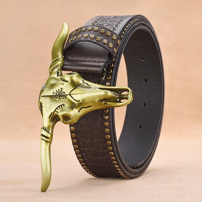 Western-Style Bull Skull Engraved Riveted Men's Belt, Vintage Embossed Pattern Trouser Belt, Unique Design Waist Strap