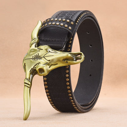 Western-Style Bull Skull Engraved Riveted Men's Belt, Vintage Embossed Pattern Trouser Belt, Unique Design Waist Strap