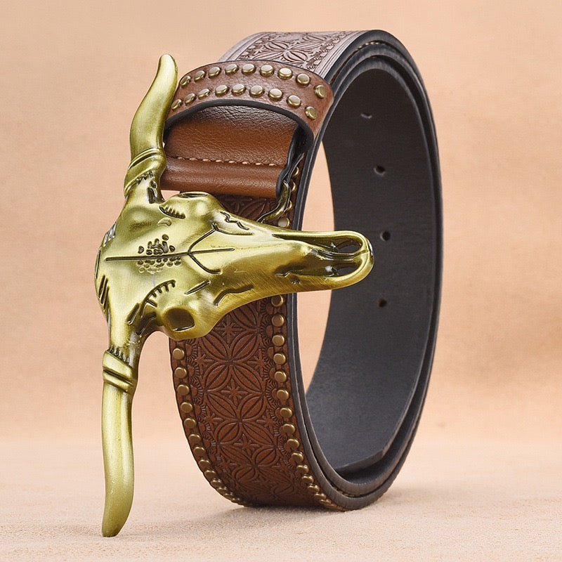 Western-Style Bull Skull Engraved Riveted Men's Belt, Vintage Embossed Pattern Trouser Belt, Unique Design Waist Strap