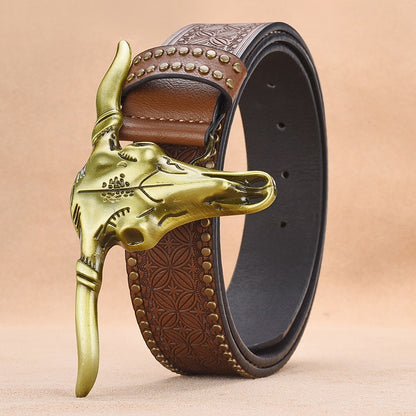 Western-Style Bull Skull Engraved Riveted Men's Belt, Vintage Embossed Pattern Trouser Belt, Unique Design Waist Strap