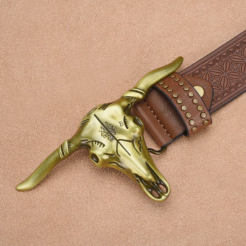 Western-Style Bull Skull Engraved Riveted Men's Belt, Vintage Embossed Pattern Trouser Belt, Unique Design Waist Strap