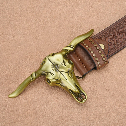 Western-Style Bull Skull Engraved Riveted Men's Belt, Vintage Embossed Pattern Trouser Belt, Unique Design Waist Strap