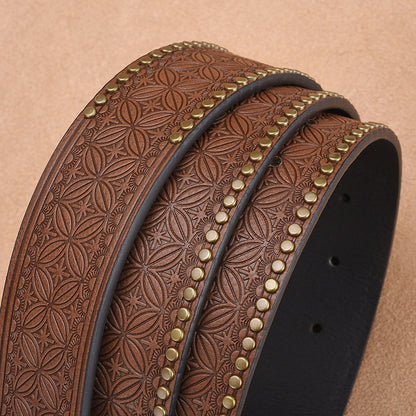 Western-Style Bull Skull Engraved Riveted Men's Belt, Vintage Embossed Pattern Trouser Belt, Unique Design Waist Strap