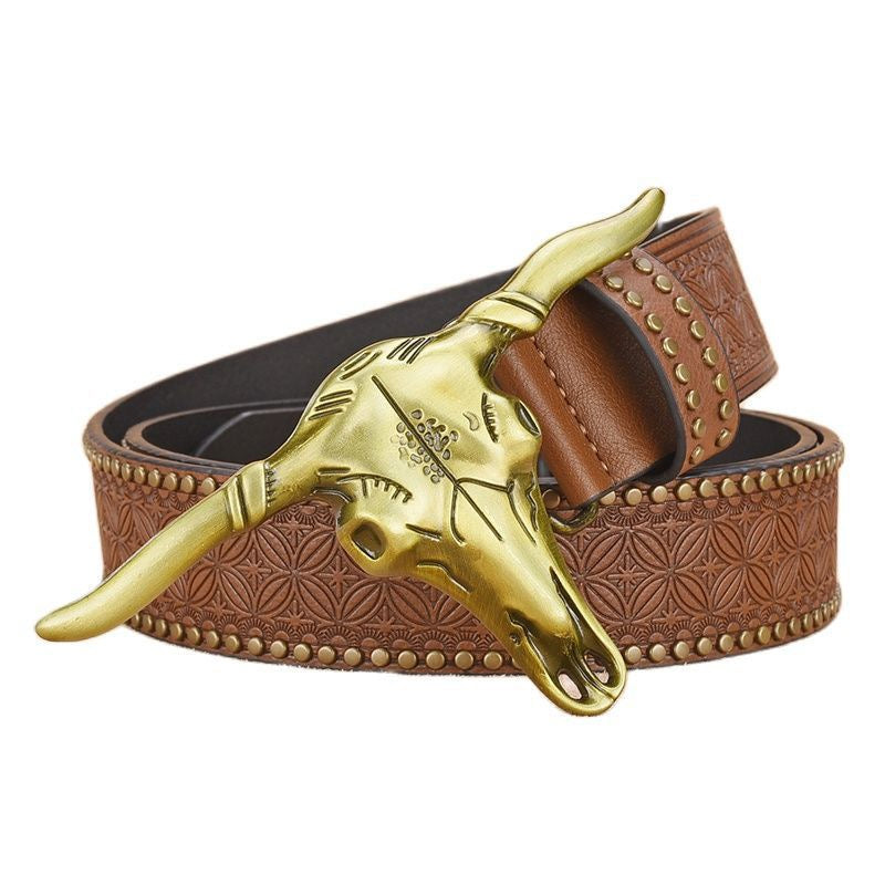 Western-Style Bull Skull Engraved Riveted Men's Belt, Vintage Embossed Pattern Trouser Belt, Unique Design Waist Strap