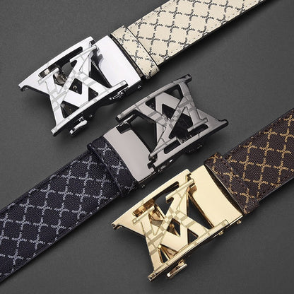 Luxury Letter Automatic Buckle Men's Belt, Classic Monogram Embossed Business Casual Versatile Waist Strap