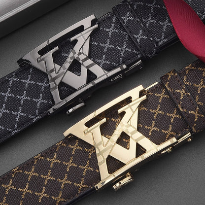 Luxury Letter Automatic Buckle Men's Belt, Classic Monogram Embossed Business Casual Versatile Waist Strap