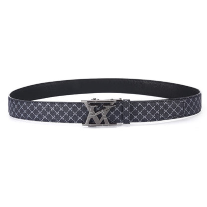 Luxury Letter Automatic Buckle Men's Belt, Classic Monogram Embossed Business Casual Versatile Waist Strap