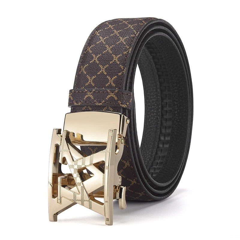 Luxury Letter Automatic Buckle Men's Belt, Classic Monogram Embossed Business Casual Versatile Waist Strap