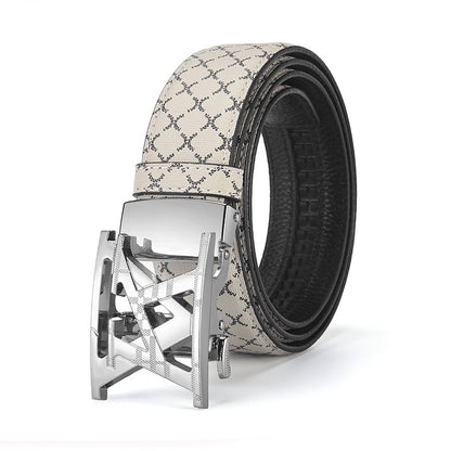 Luxury Letter Automatic Buckle Men's Belt, Classic Monogram Embossed Business Casual Versatile Waist Strap